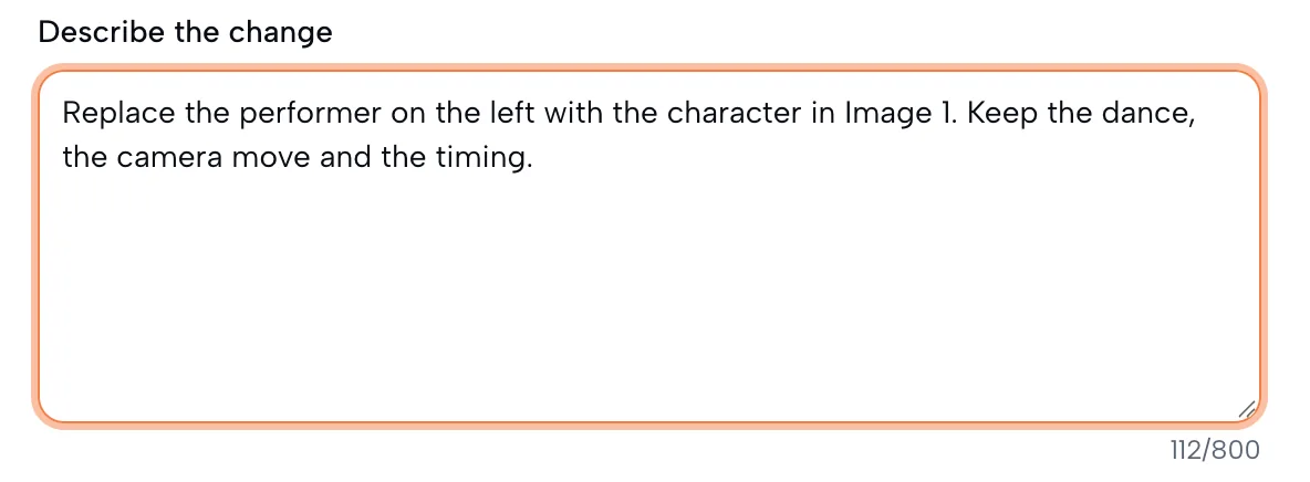 Describe the change box with the instruction: replace the performer on the left with the character in Image 1, keep the dance, the camera move and the timing.