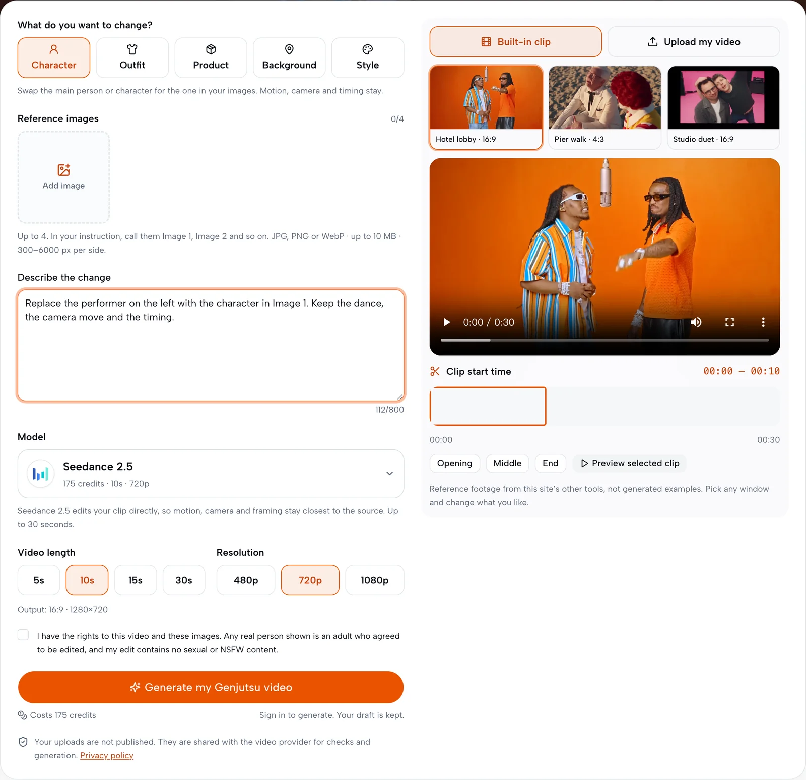 Genjutsu AI editor used as a Higgsfield Genjutsu alternative: change types, reference images and instruction on the left, built-in source clip and clip window on the right.