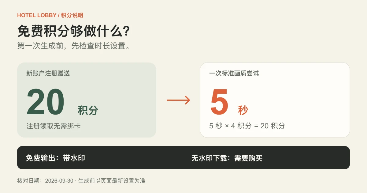 Hotel Lobby AI 免费吗？积分、费用与去水印说明