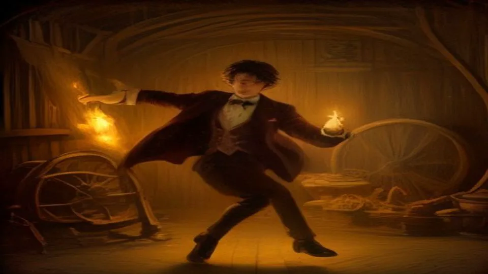 Storybook-style illustration of the Rumpelstiltskin fairy tale: an imp dancing beside a spinning wheel in a barn of glowing straw